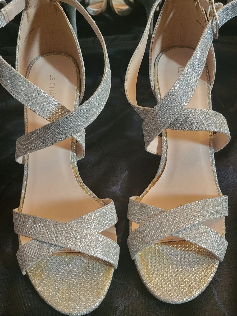 le chateau Silver Strappy Block Heel Sandals
